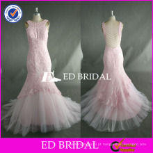 ED Bead Work Sem Manga Lace Appliqued Ankle Length Sereia Pink Tulle Prom Dress